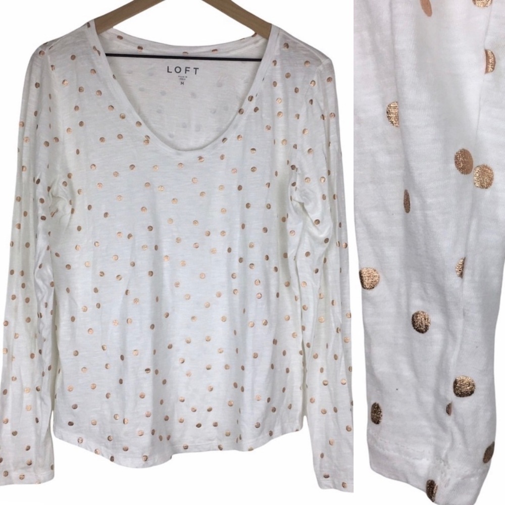 LOFT Top Shimmer Gold Dot Long Sleeve Scoop Neck Metallic Sheer Soft Size Medium